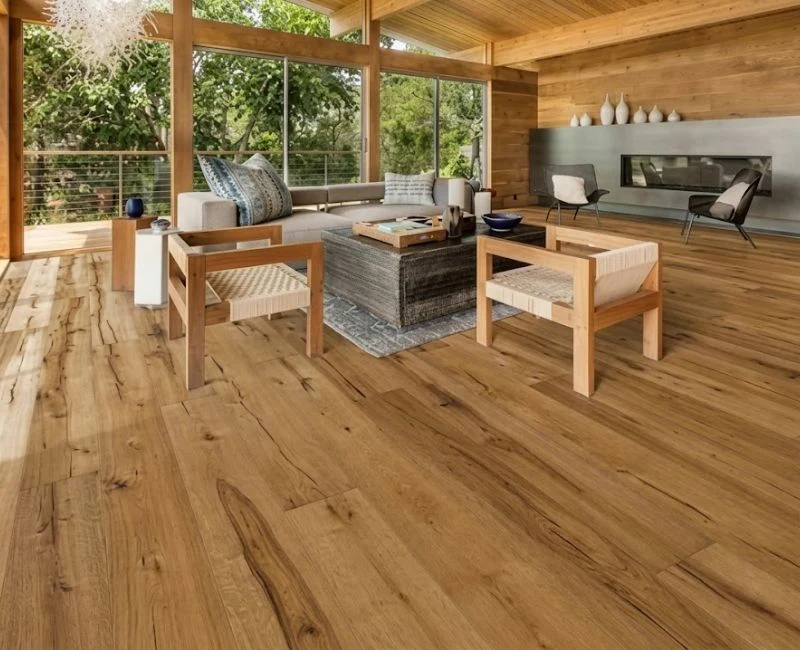 Rustic hardwood flooring villa living room