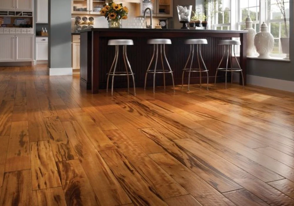 Rustic hickory wood flooring kitchen counter