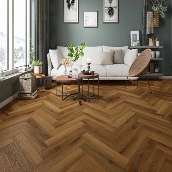 Rustic oak herringbone flooring in living room