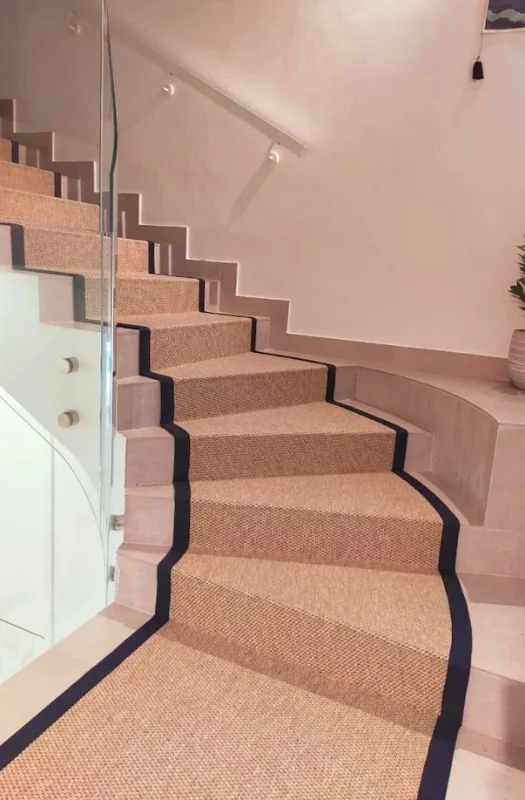 Beige sisal stair carpet runner with border