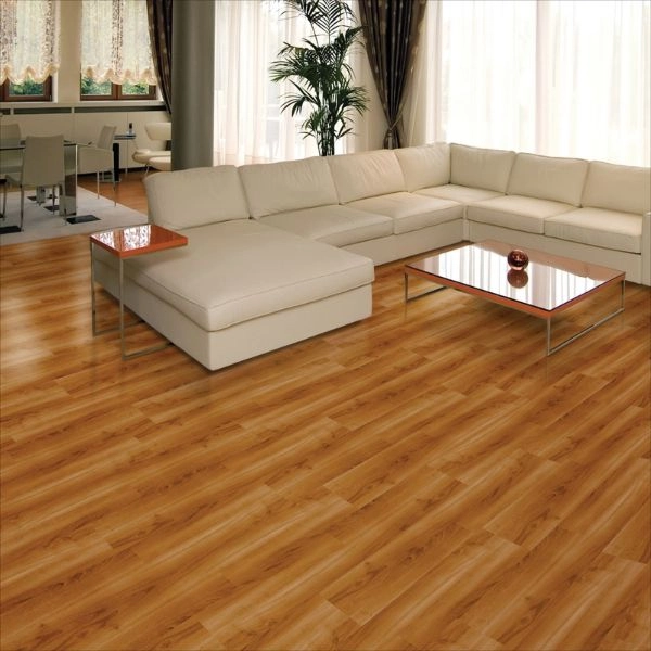 Warm teak LVT flooring sectional sofa