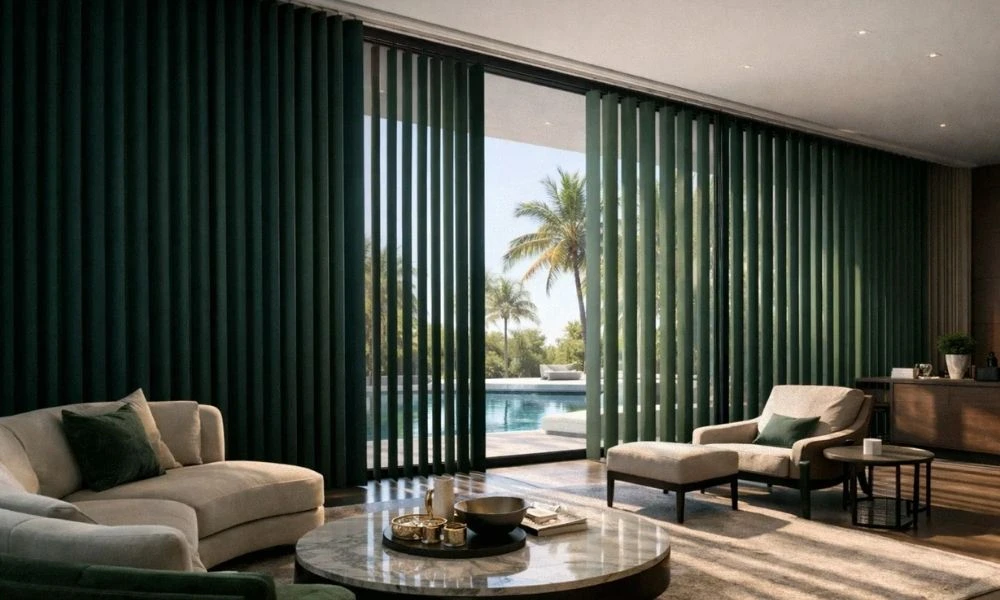 Dark green vertical blinds living room