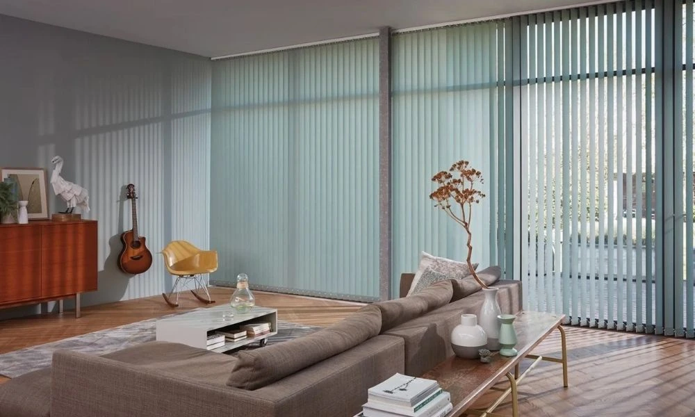 Light blue vertical blinds living room