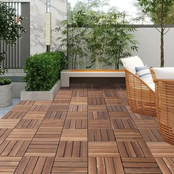 Villa backyard garden with teak deck tiles
