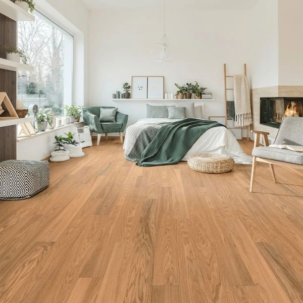 Cozy bedroom interior vinyl wooden floor