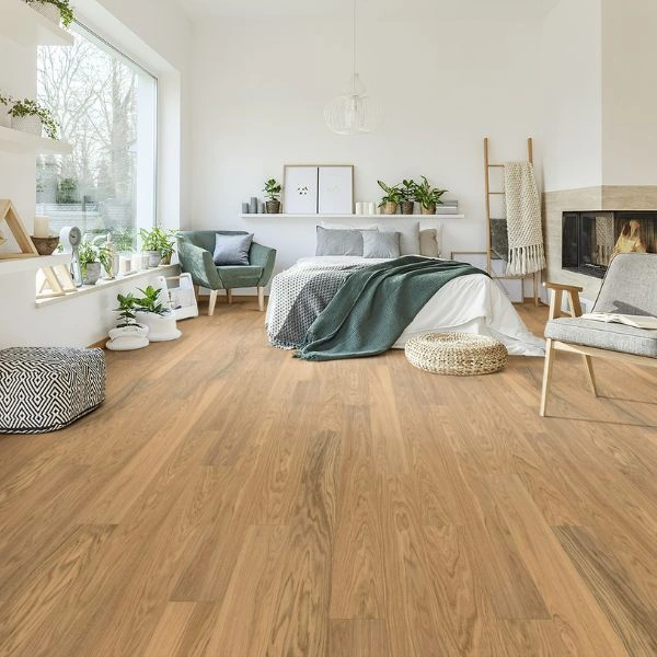 Warm oak wood flooring bedroom interior