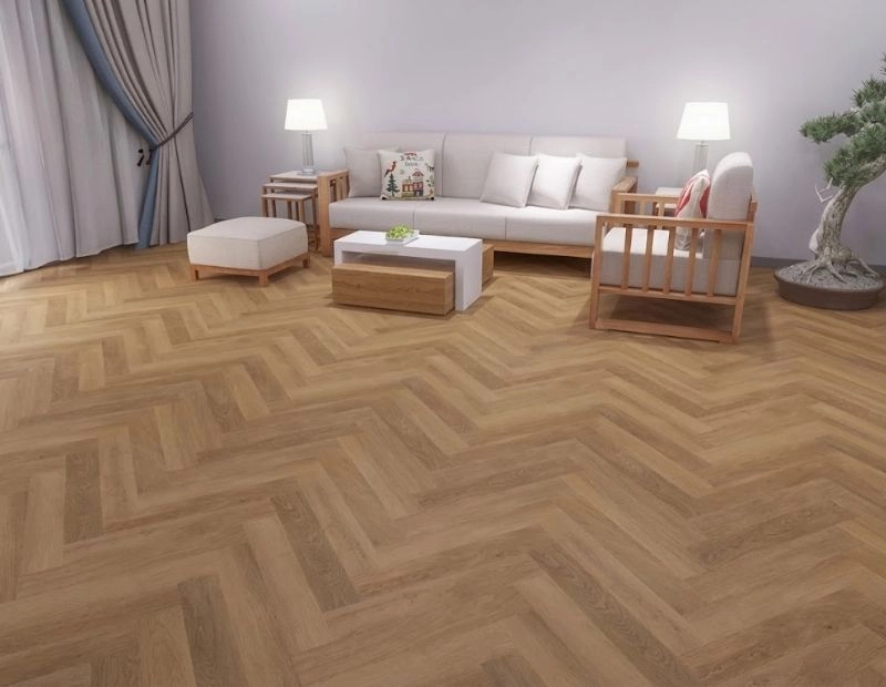 Warm oak herringbone parquet floor in sitting area