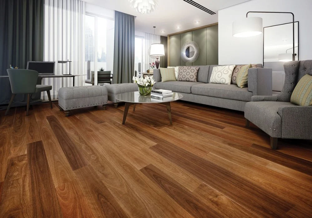 Warm walnut wood flooring living room