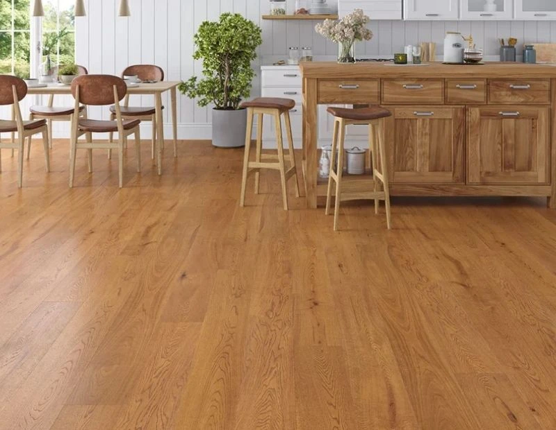 Open dining kitchen with natural flooring