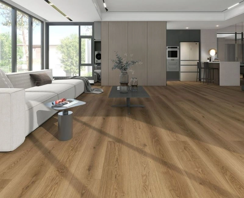 Wide plank LVT flooring modern lounge