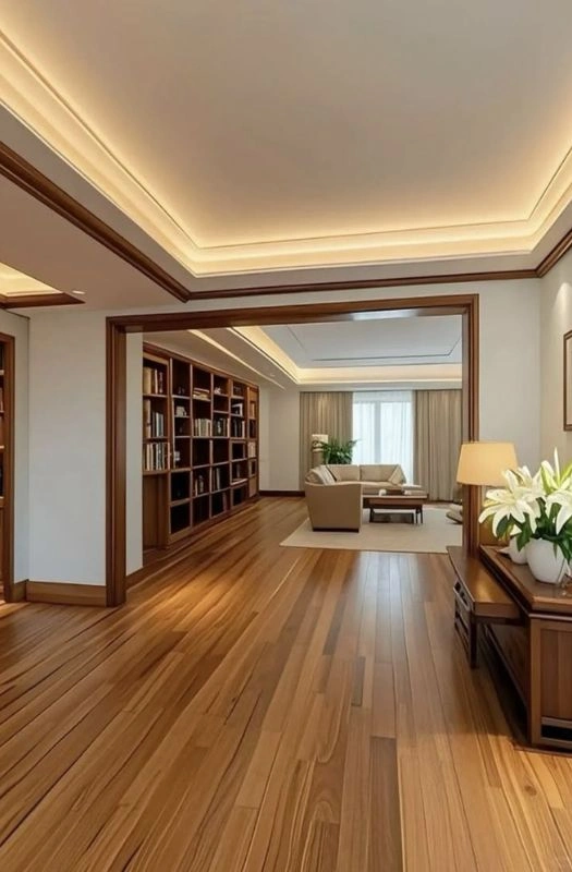 Warm oak wood flooring library hallway