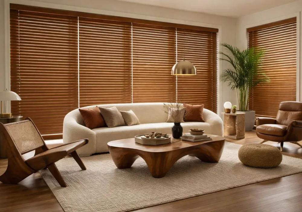 Warm brown wooden blinds living room