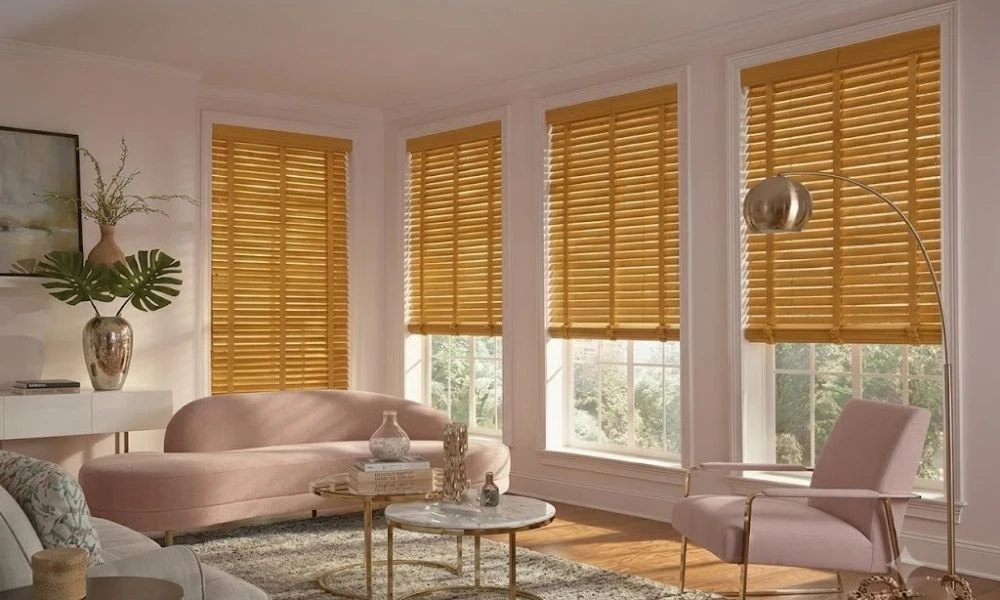 Warm oak wooden blinds living room