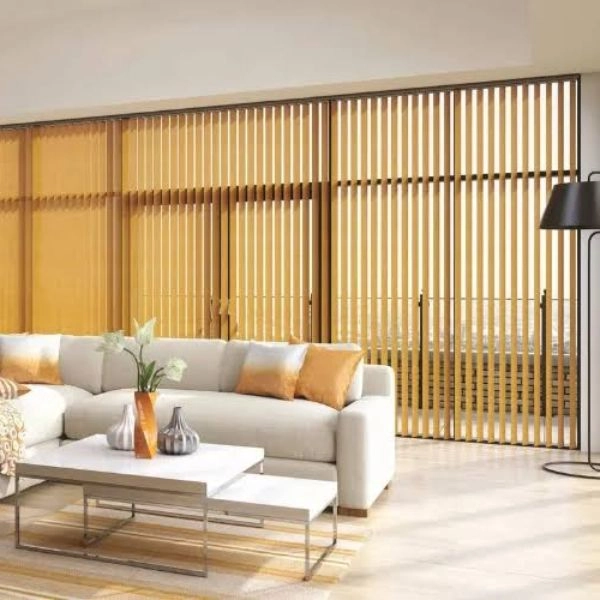 Yellow vertical blinds bright living room