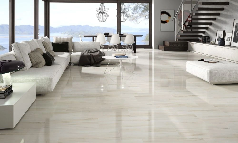 Beige porcelain tiles in spacious villa lounge