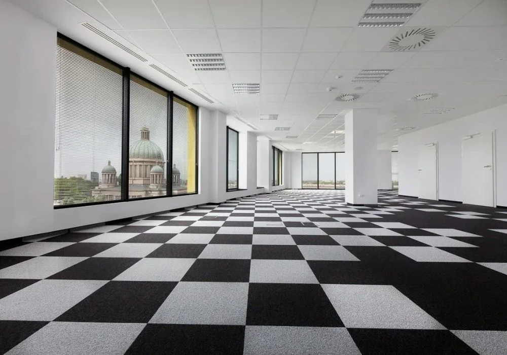 Black grey checkerboard carpet tiles modern room
