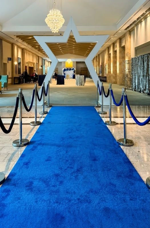Blue exhibition carpet runner with stanchions