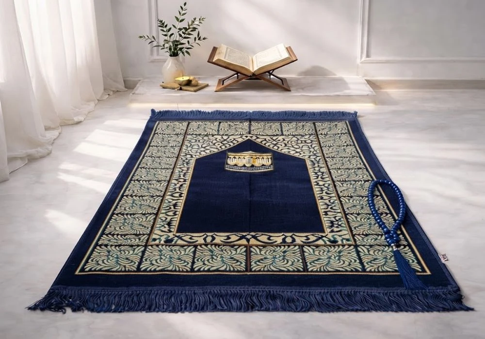 Navy Blue Kaaba Design Prayer Mat