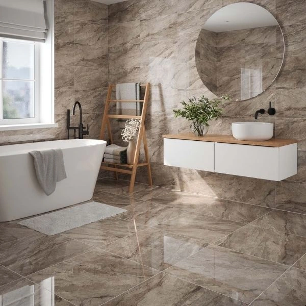 Brown marble look porcelain bathroom floor tiles