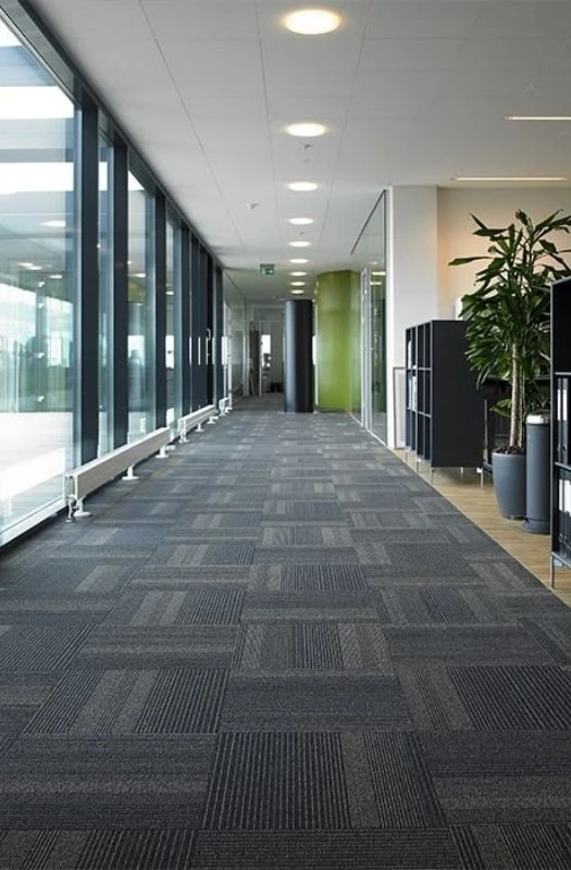 Dark grey striped carpet tiles office corridor
