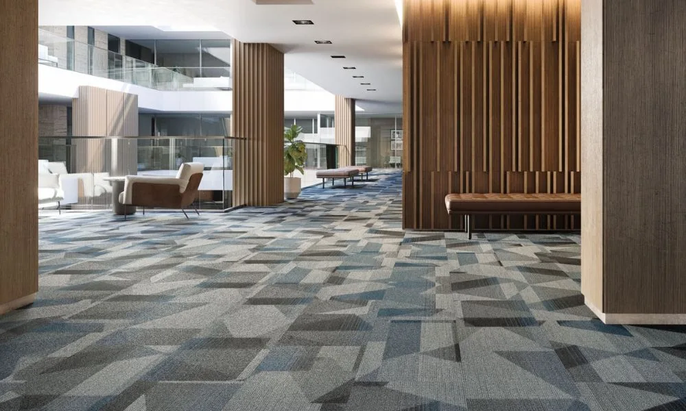 Geometric patterned office carpet in Dubai building