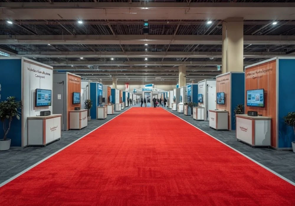 Red carpet laid out in a large exhibition hall