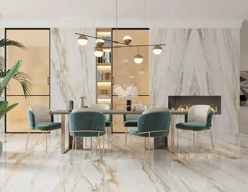 Gold veined porcelain tiles in dining area