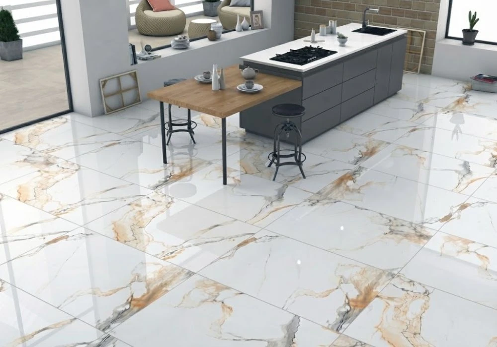 Gold veined white porcelain kitchen floor tiles