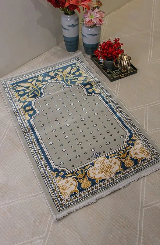 Grey And Blue Floral Prayer Mat