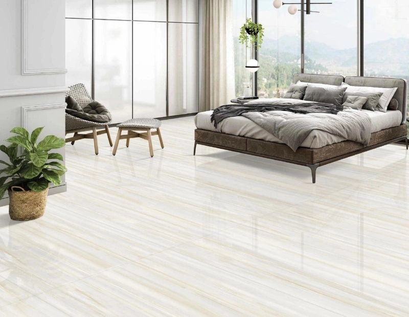 Light beige porcelain tiles in modern bedroom