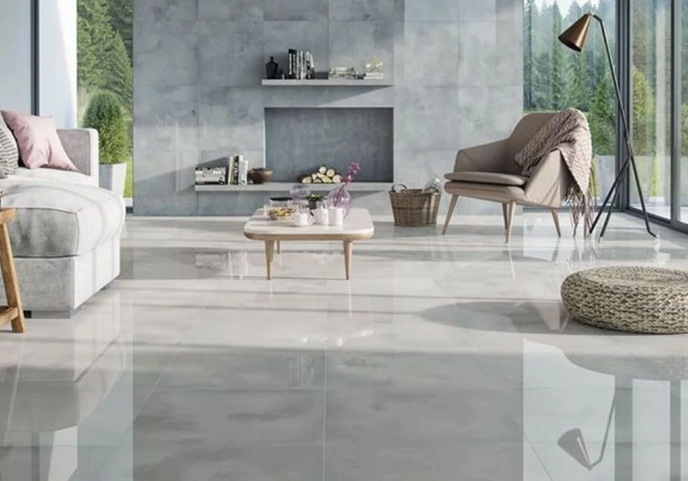 Light grey porcelain tiles in living room