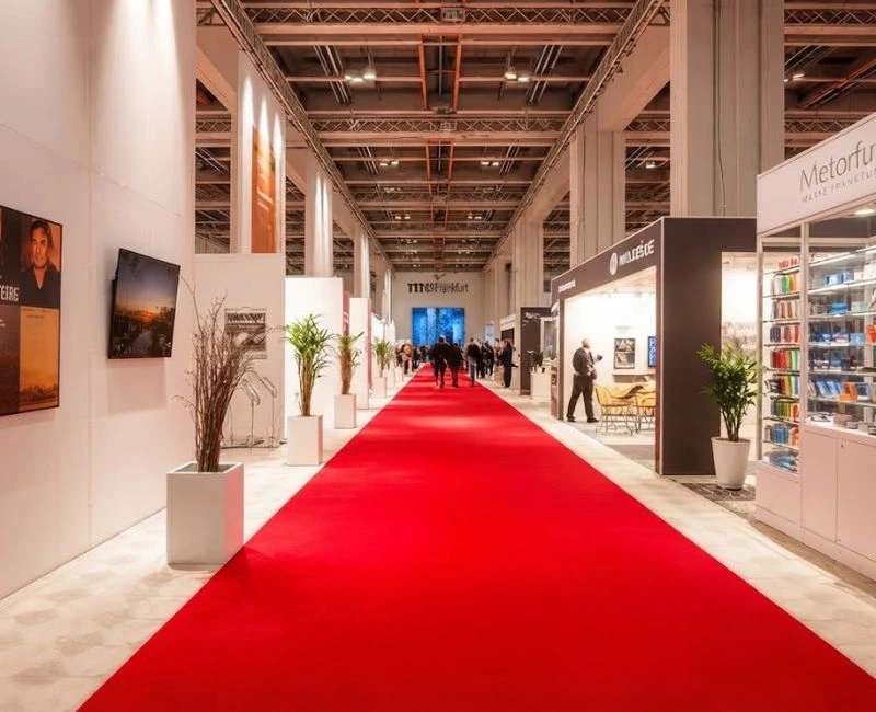 Long red carpet setup for exhibition
