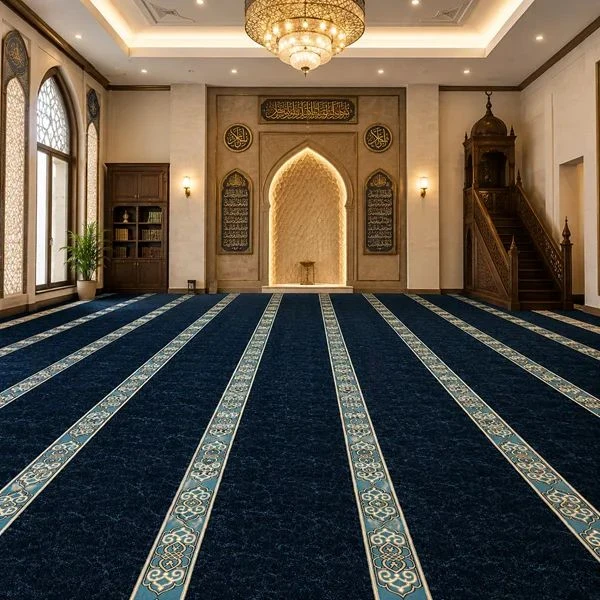 Dark blue mosque carpet rolls with prayer rows