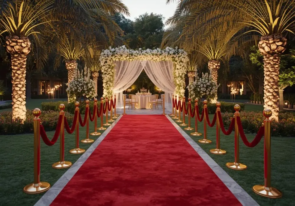 Red carpet pathway with gold stanchions and crowd