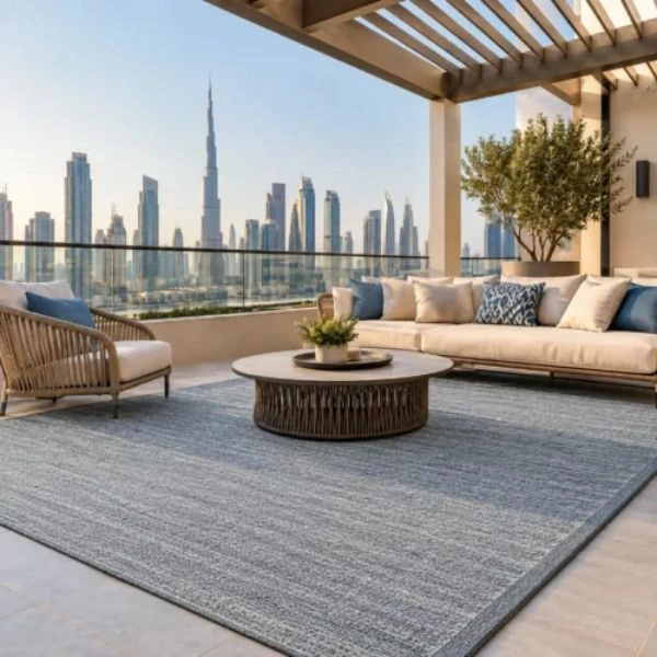 Grey outdoor carpet on modern balcony