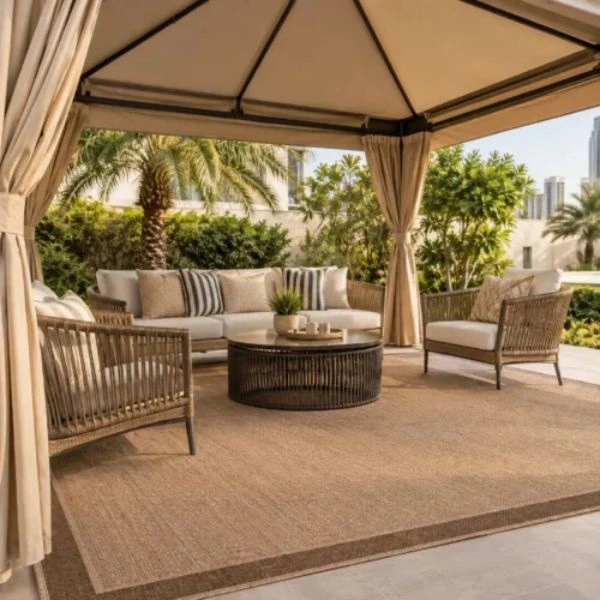 Beige outdoor carpet under gazebo canopy