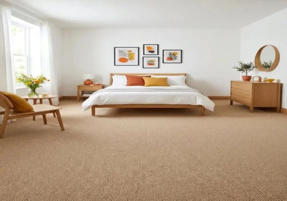 Cozy modern bedroom with neutral carpet flooring