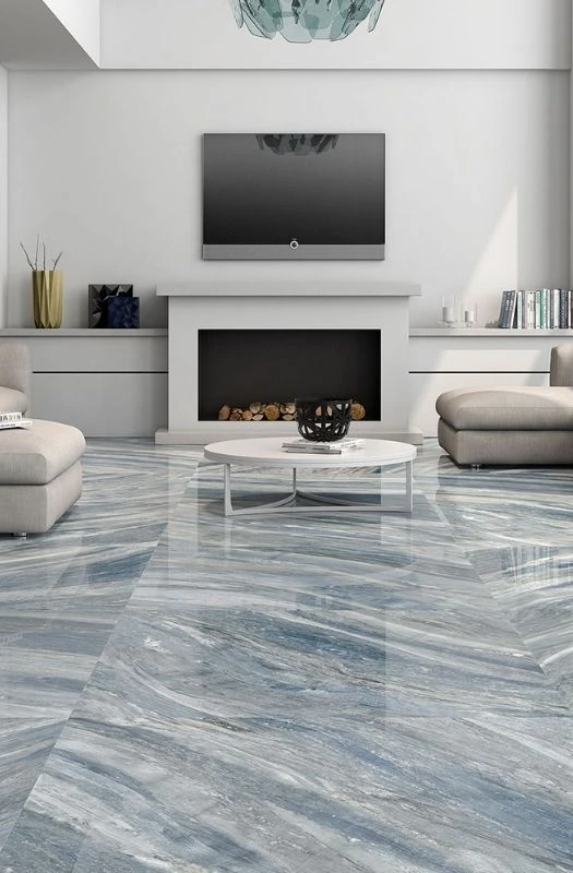 Ocean wave blue porcelain tiles living room