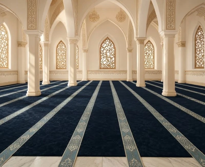 Dark blue mosque carpet rolls in prayer hall