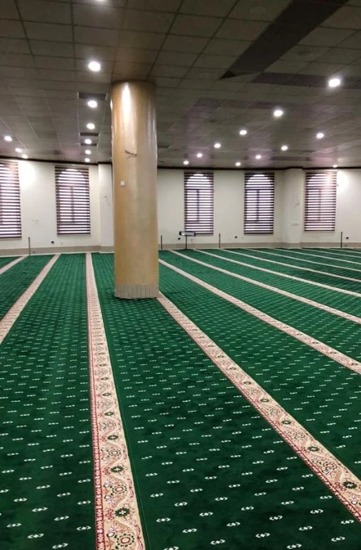 Green mosque carpet with prayer rows and pillar interior
