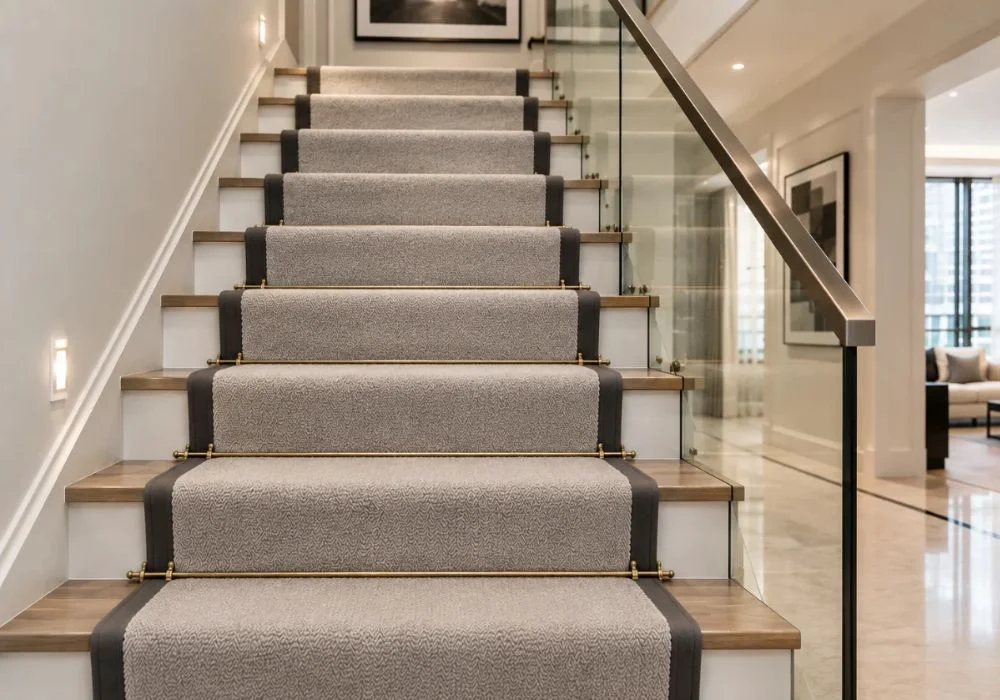 Luxury grey stair carpet with rods Dubai