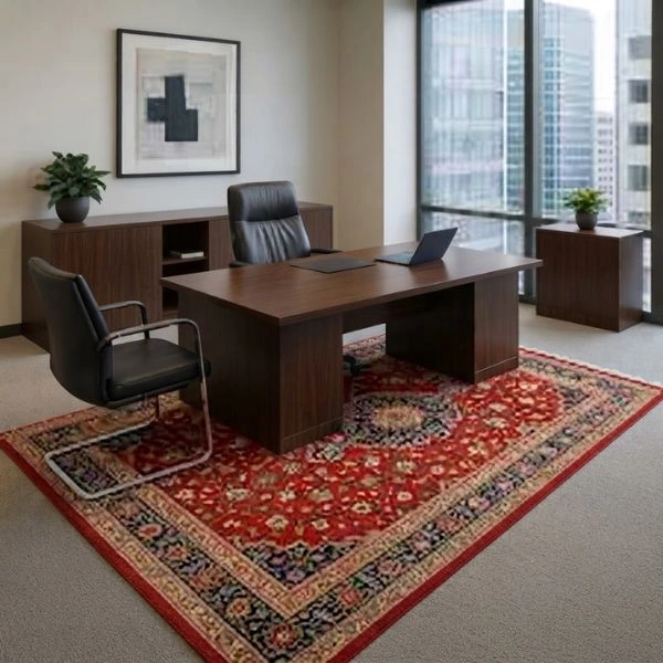 Red traditional Persian carpet in office