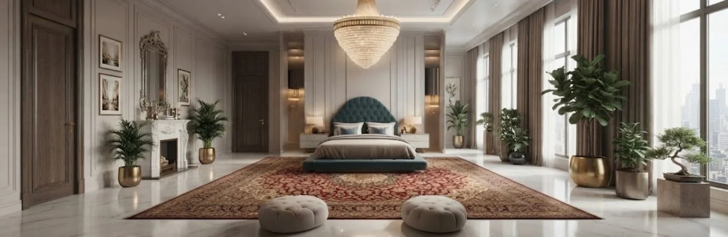 Red and gold Persian carpet in luxury bedroom
