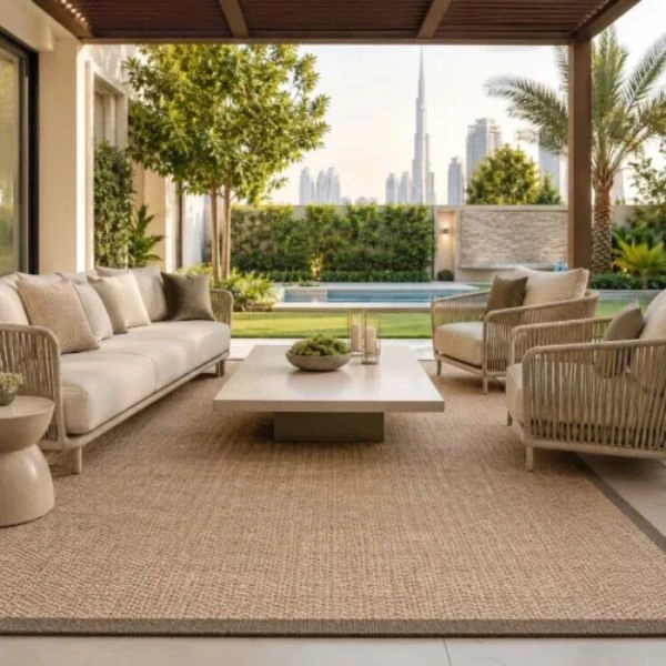 Beige outdoor carpet on patio terrace