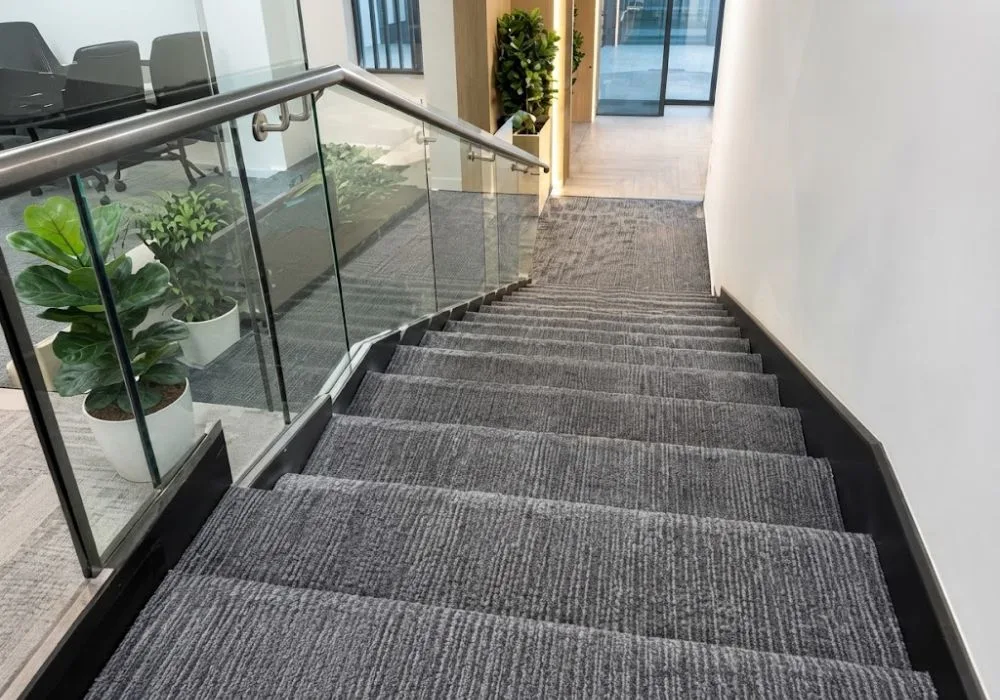 Modern grey textured commercial stair carpet