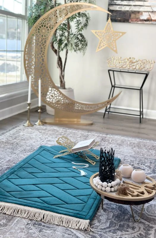 Teal Prayer Mat With Ramadan Decor