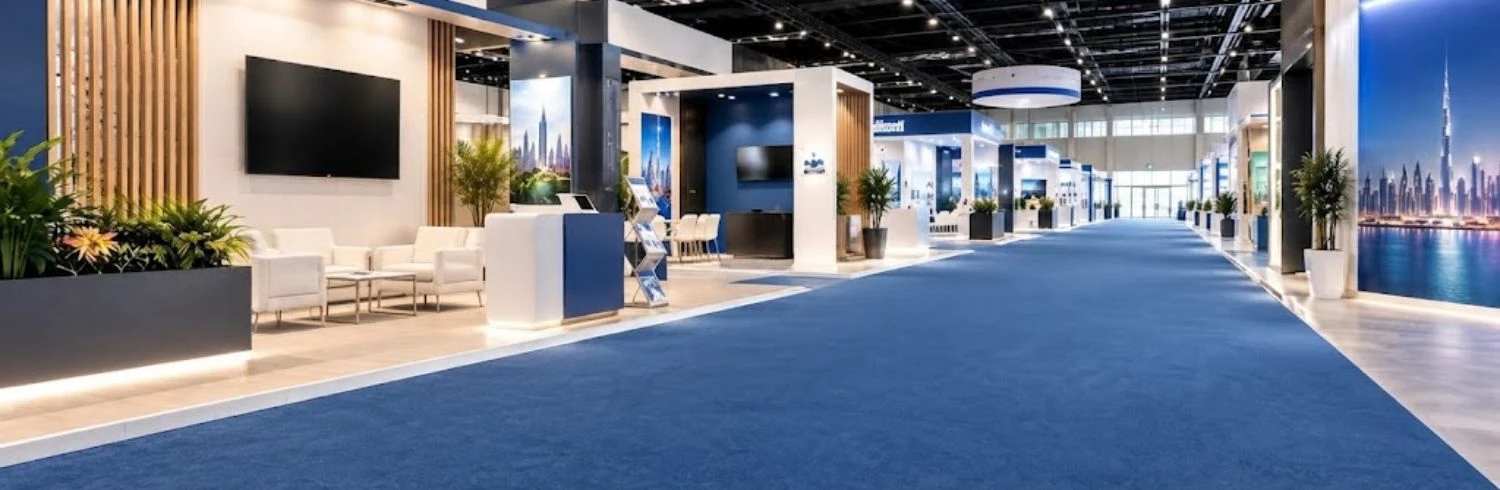 Blue exhibition carpet in trade show hall