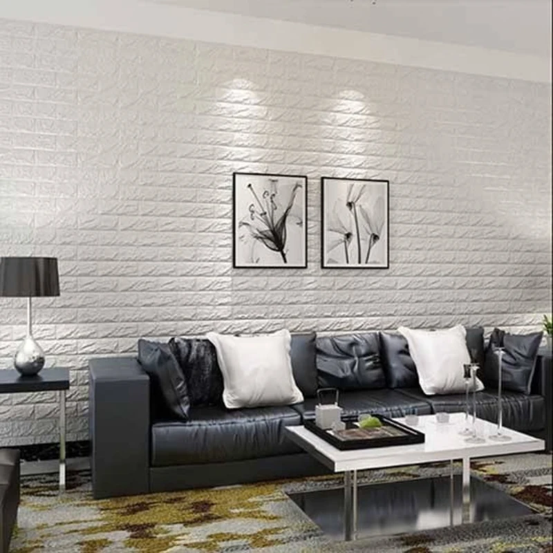 Installer fitting wallpaper in living room